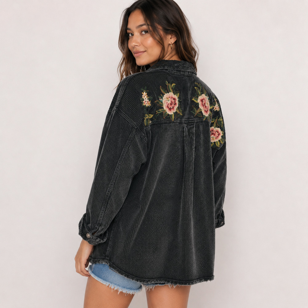 Free People We The Free Dawn Break Shacket S Black Floral Embroidered Corduroy